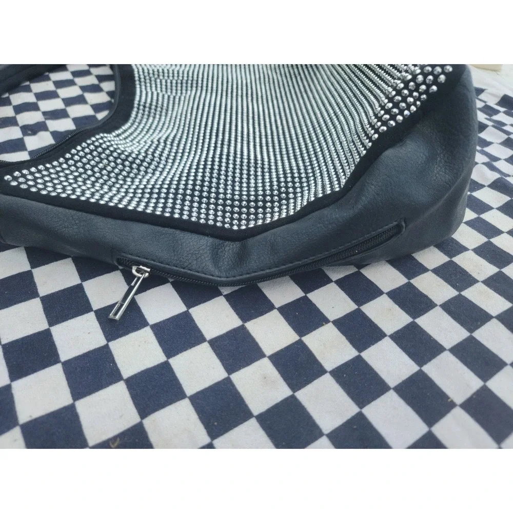 Black Rhinestone Hobo Shoulder Bag Bling Purse Top Handle‎ Faux Leather